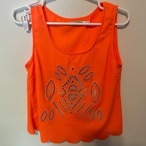 Altar’d State Sz Small Orange Sleeveless Scallop Hem Embroidered Cut-Out Top